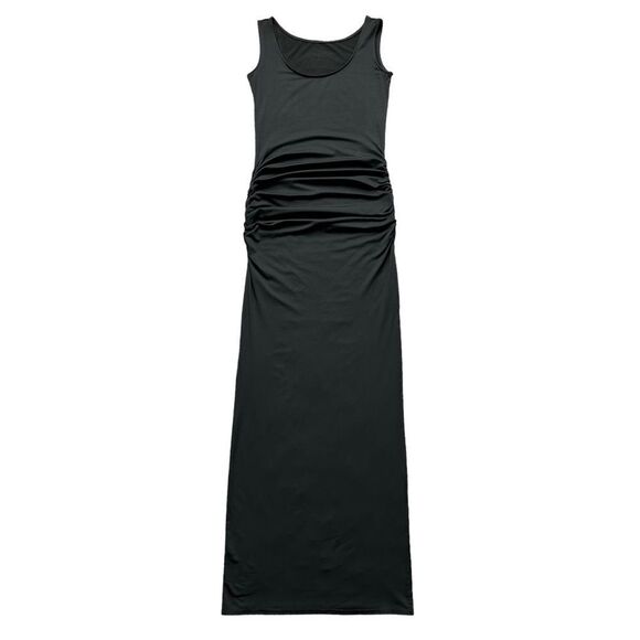 🔃Black Scoop Neck Ruched Sleeveless Split Slit Hem Bodycon Maxi Tank Dress - Picture 1 of 7